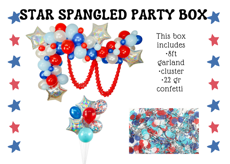 Star Spangled Party Box Kit- Red White and Blue Garand, Cluster, and Confetti for 4th of July, Presidents Day, Memorial Day