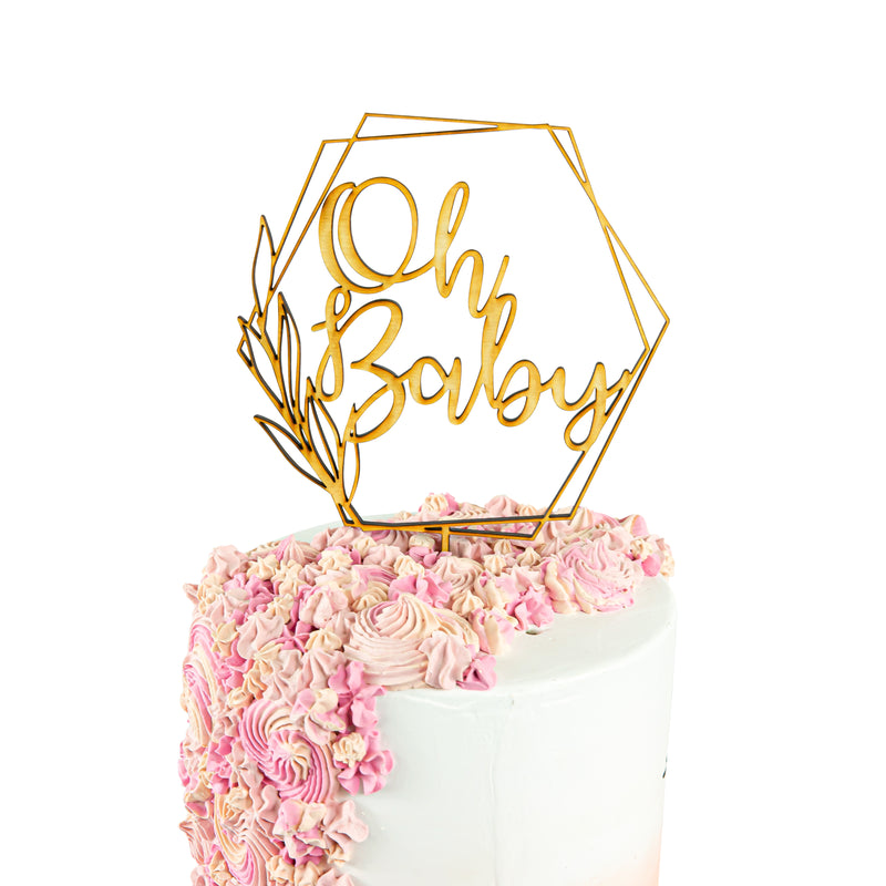 Oh Baby Script Geometric Wreath Frame Wood Cake Topper- Raw Wood Baby Shower Cake Topper-Floral Geometric Baby Shower Topper Frame-, , Jamboree 
