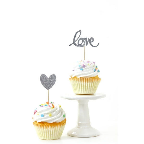 Heart/Love Silver Glitter Cupcake Toppers, Cake & Cupcake Toppers, Jamboree 