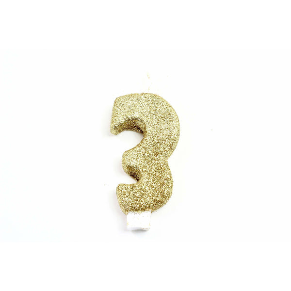 3" Gold Number 3 Candle, Glitter Candles, Jamboree 