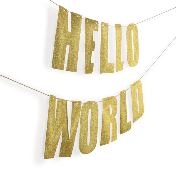 Gold "HELLO WORLD" Glitter Banner, Banners & Backdrops, Jamboree 
