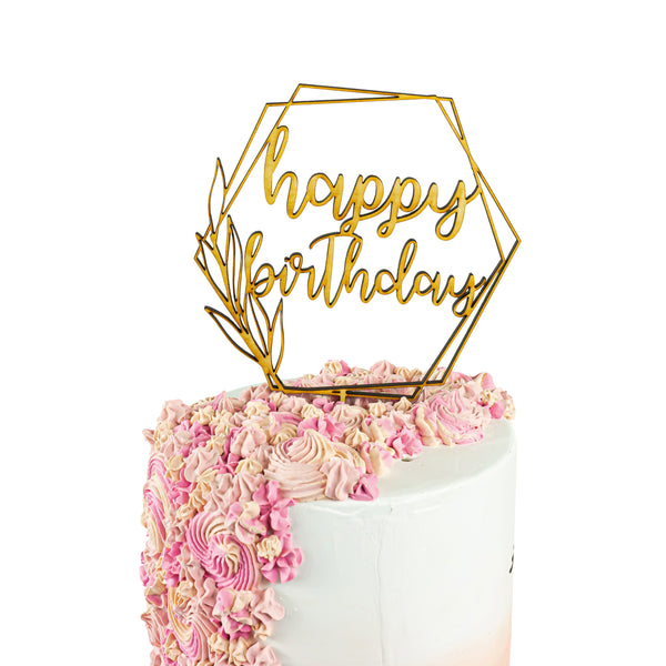 Happy Birthday Script Geometric Wood Cake Topper, , Jamboree 