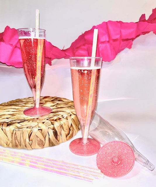 15+ Glitter Champagne Flutes - Blush Pink Sparkle Disposable Flute- Decorative Drinks, Glittered Plastic Flute, Table Settings, Wedding