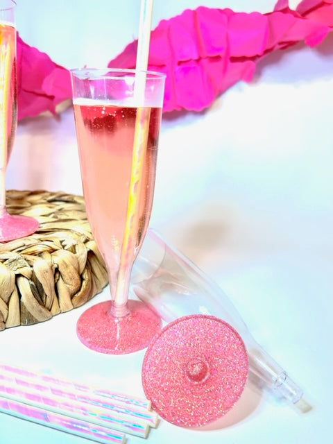 15+ Glitter Champagne Flutes - Blush Pink Sparkle Disposable Flute- Decorative Drinks, Glittered Plastic Flute, Table Settings, Wedding