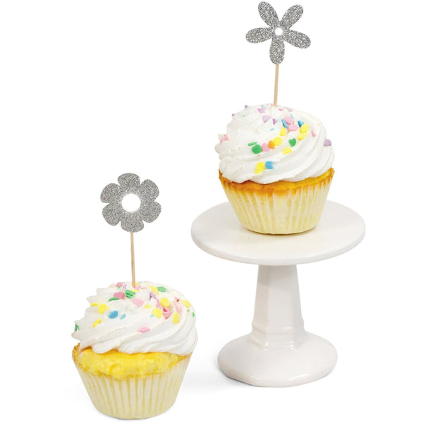 Flower Silver Glitter Cupcake Toppers, Cake & Cupcake Toppers, Jamboree 