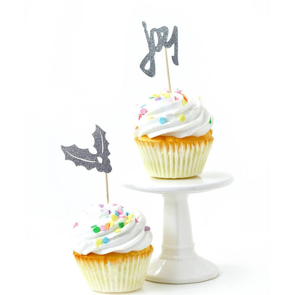 Holly/Joy Silver Glitter Cupcake Toppers, Cake & Cupcake Toppers, Jamboree 