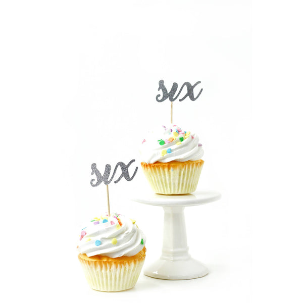 Number Six Silver Glitter Cupcake Toppers, Cake & Cupcake Toppers, Jamboree 