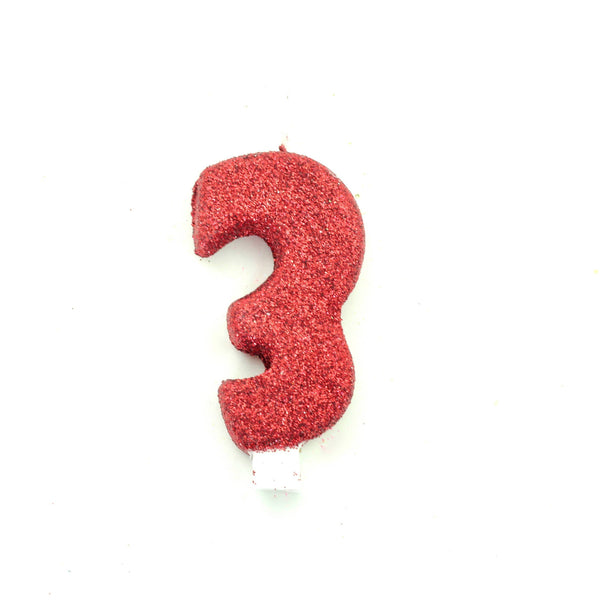 3" Red Number 3 Candle, Glitter Candles, Jamboree 