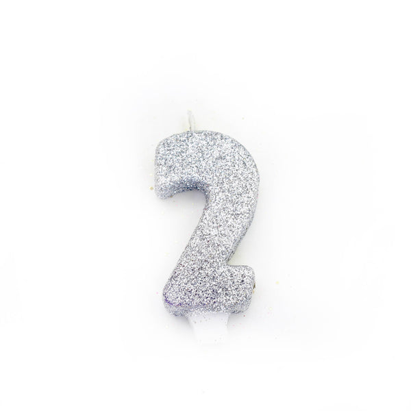 3" Silver Number 2 Candle, Glitter Candles, Jamboree 