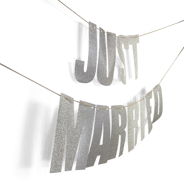 Silver "JUST MARRIED" Glitter Banner, Banners & Backdrops, Jamboree 