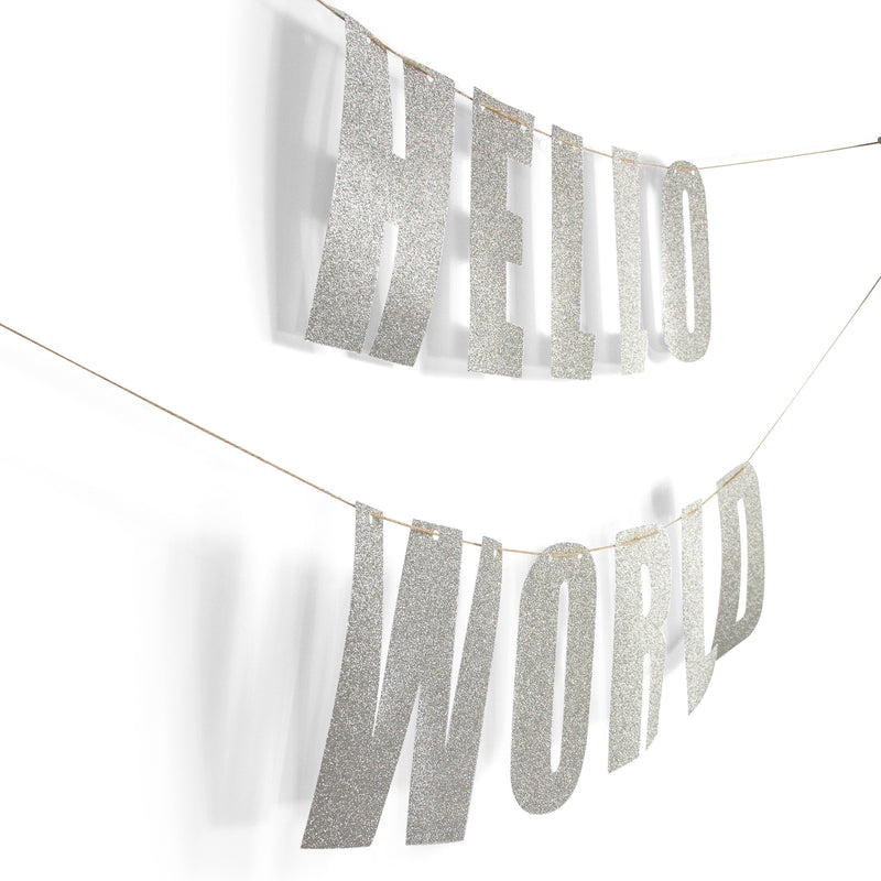 Silver "HELLO WORLD" Glitter Banner, Banners & Backdrops, Jamboree 