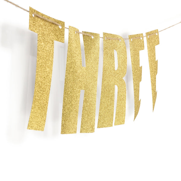 Gold "THREE" Glitter Banner, Banners & Backdrops, Jamboree 