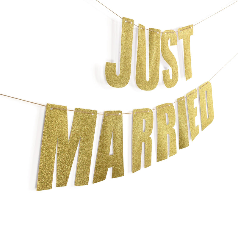 Gold "JUST MARRIED" Glitter Banner, Banners & Backdrops, Jamboree 