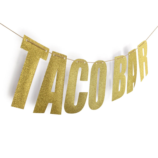 Gold "TACO BAR" Glitter Banner, Decorative Balloons, Jamboree 