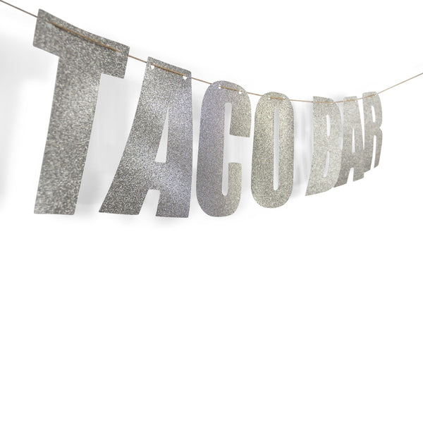 Silver "TACO BAR" Glitter Banner, Decorative Balloons, Jamboree 
