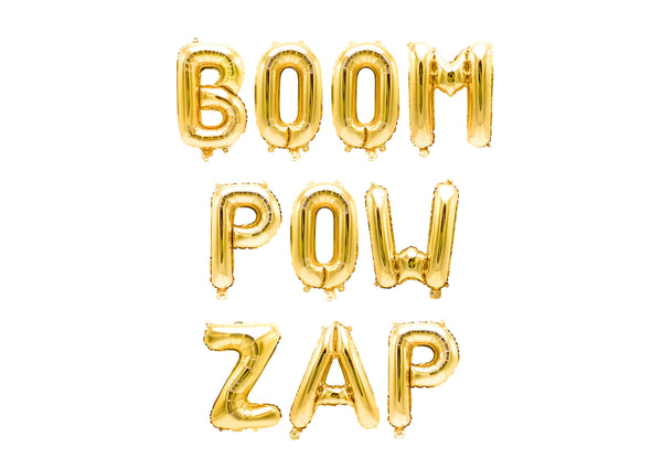 Gold "Boom Pow Zap" Balloon Banner - 16" Letter Balloons - Gold - Superhero Birthday, Marvel Theme, Captain America, Comic Book, DC, , Jamboree 