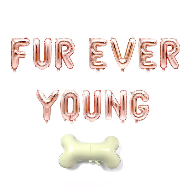 Rose Gold "Furever Young" Balloon Banner - 16" Letter Balloons - Rose Gold - Animal Adoption, Dog Birthday, Paw Patrol Theme, Anniversary, , Jamboree 