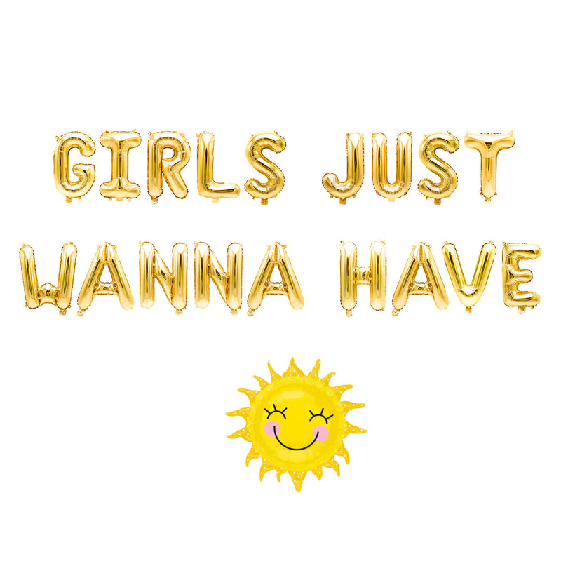 Gold "Girls Just Wanna Have Sun" Balloon Banner - 16" Letter Balloons - Gold - Bachelorette Bash, Tropical Girls Party, Summer Birthday, , Jamboree 